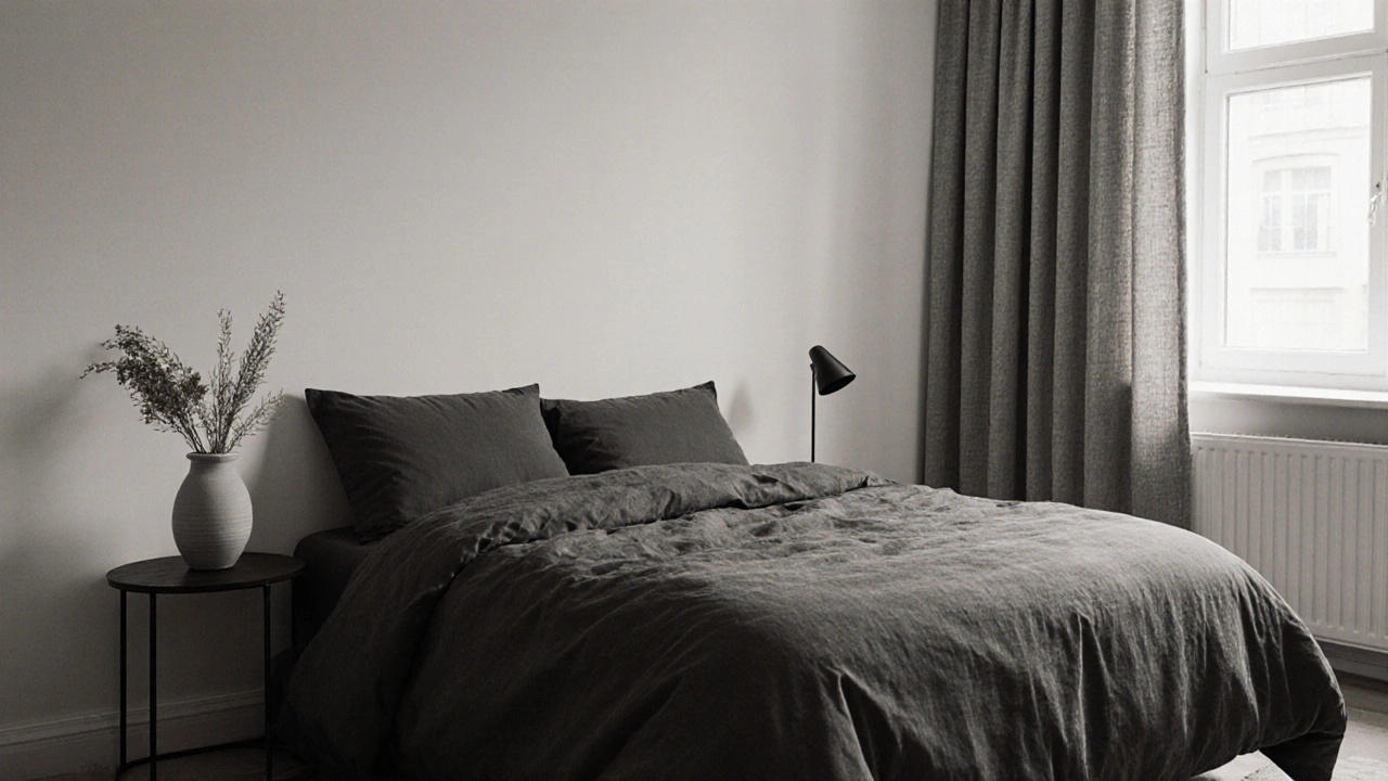 Minimalistická ložnice v odstínech šedi s keramickou nádobou a černou noční lampou.