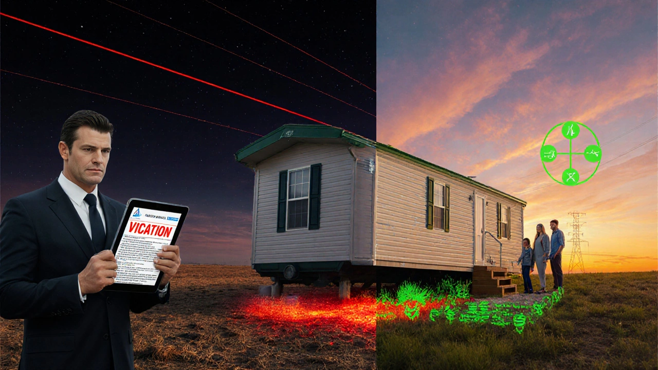 Mobilní dům na zemědělské půdě s satelitním záznamem připojení a úředníkem s upozorněním na porušení.