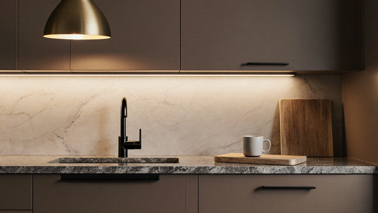 Moderní kuchyně s hnědými skříněmi Mocha Mousse, mosaznými bateriemi a zlatavým osvětlením Velvet Gold.