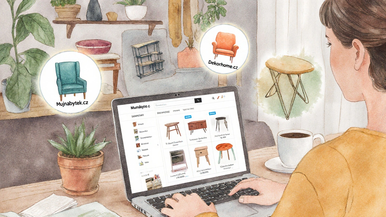 Person shopping for affordable furniture online with store logos floating nearby.