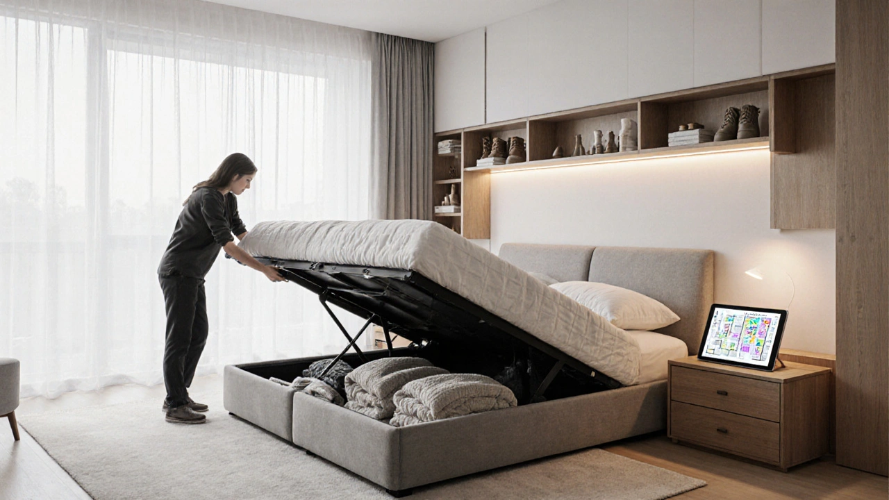 Postel s hydraulickým úložným prostorem otevřená, s dekami a obuví uvnitř.