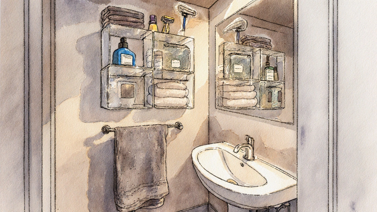 Průhledné úložné krabice nad zrcadlem v koupelně s léky a šampony.