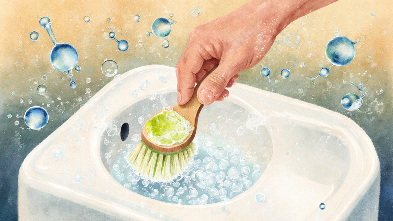 Ruka čistí umyvadlo pastou z citronové kyseliny, rozpadající se vodní kámen.