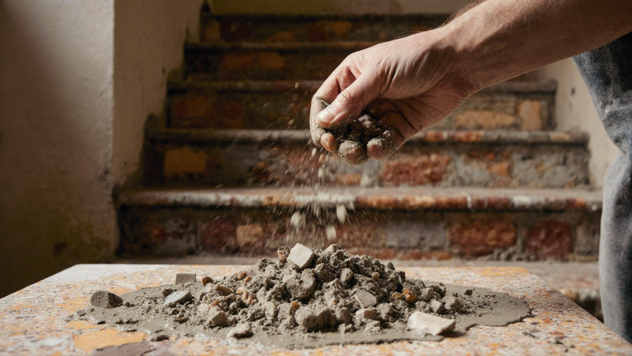 Rukou rozsypané recyklované kameny z původního zdiva do cementu při obnově starého domu.