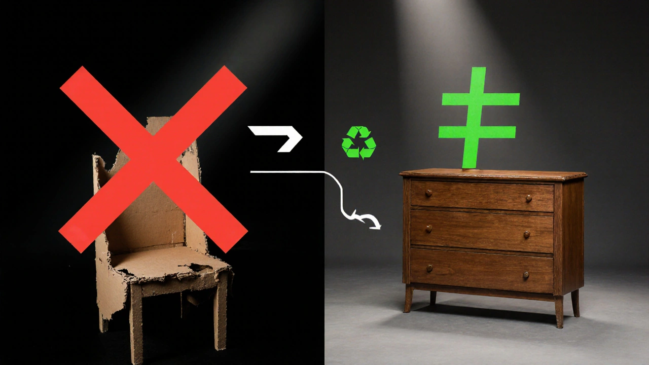 Split image: broken cheap chair vs. restored vintage dresser, symbolizing smart buying.