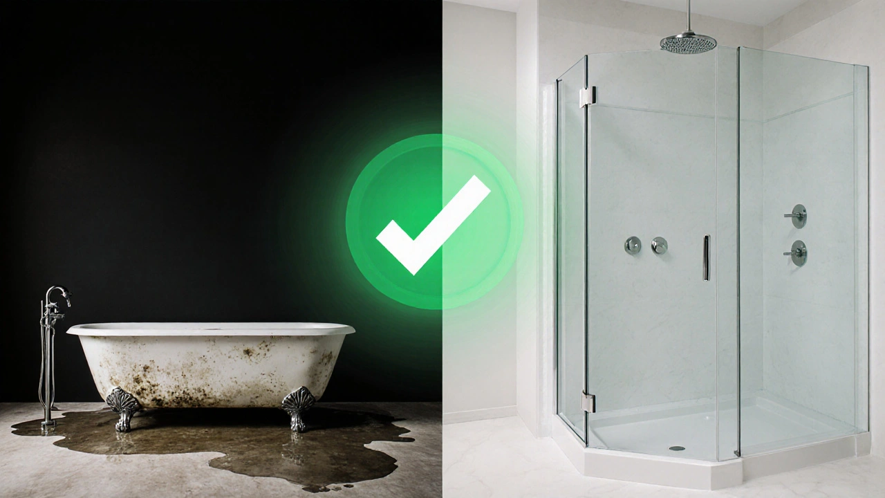 Srovnání staré vaně a moderní sprchy – hygiena a úspora prostoru.