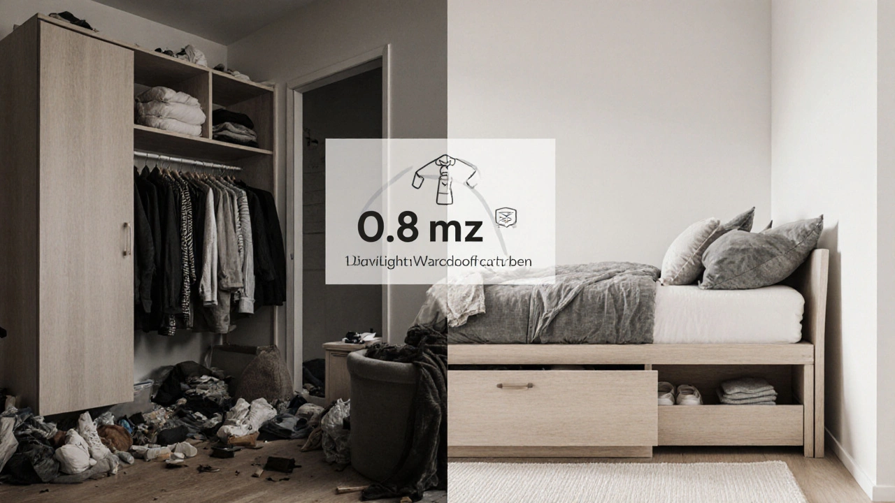 Srovnání zaplněného pokoje s šatníkem a stejného pokoje s podlahovou postelí a skrytými zásuvkami.