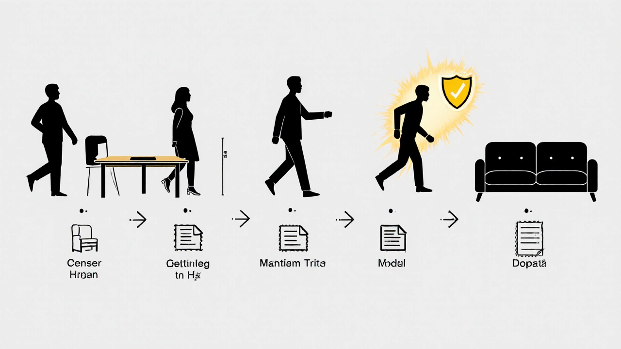 Timeline of four tenants moving in and out while same durable furniture remains unchanged in rental unit.