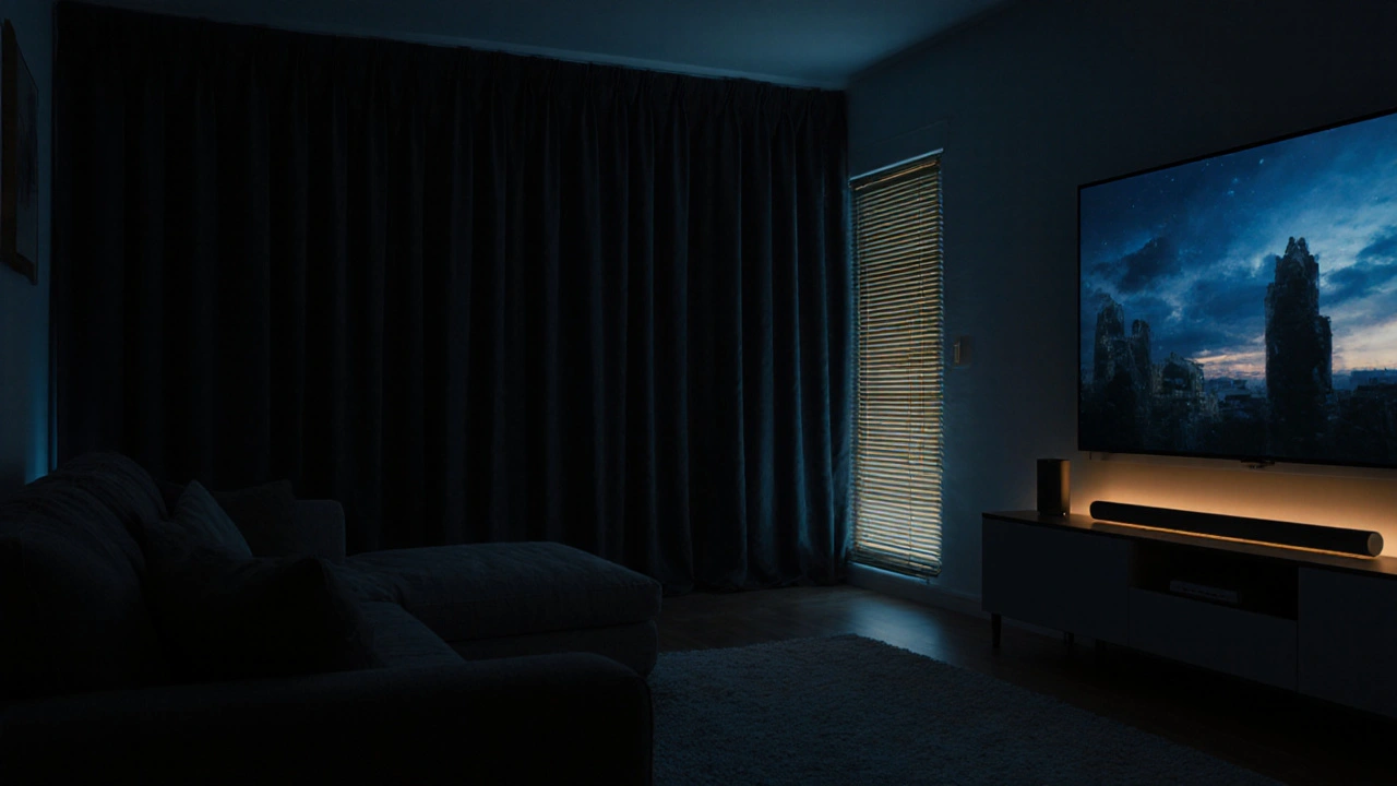 Tmavá obývací místnost s přizpůsobeným osvětlením a zatáhnutými žaluziemi při prohlížení filmu.
