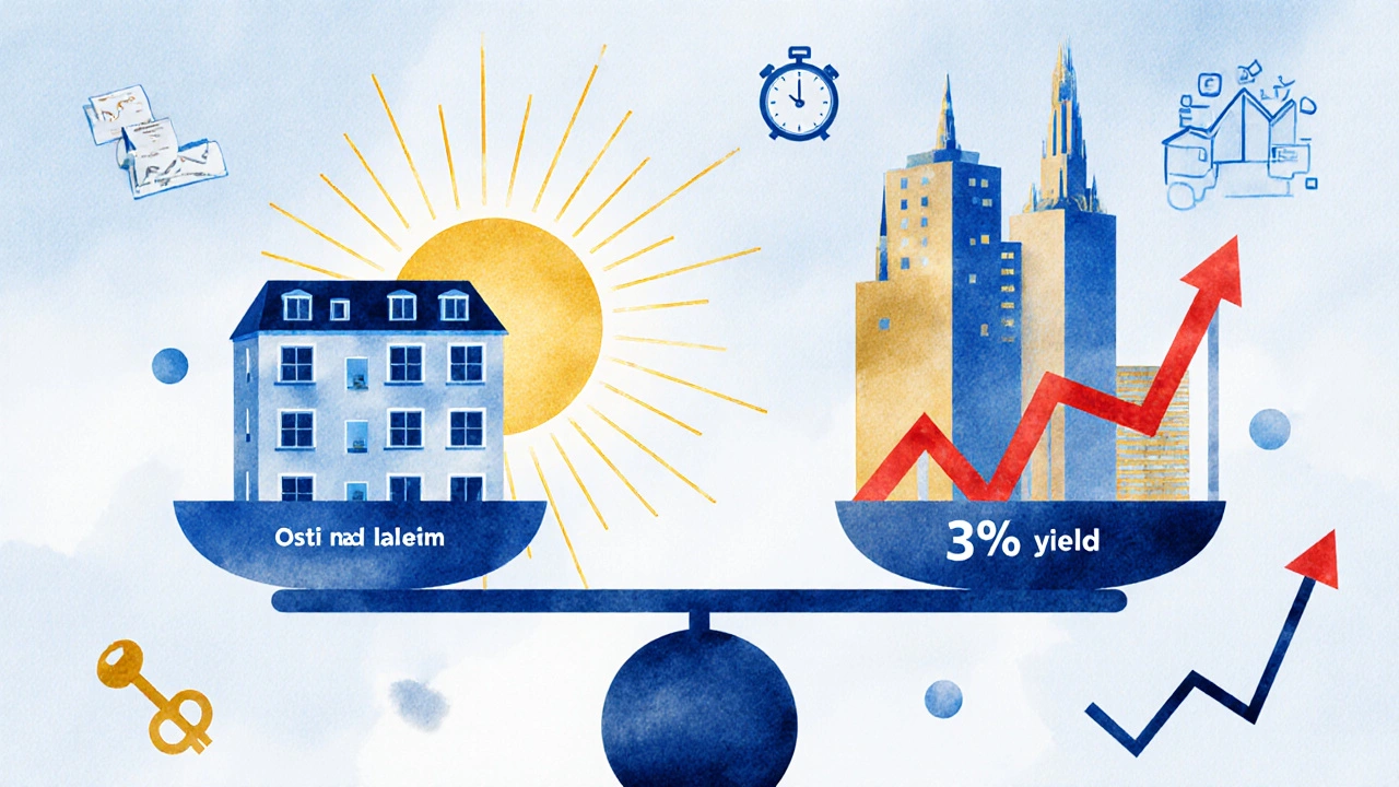 Váha s bytem v Ústí nad Labem a Prahou, symbolizující rozdíl v nájemním výnosu.