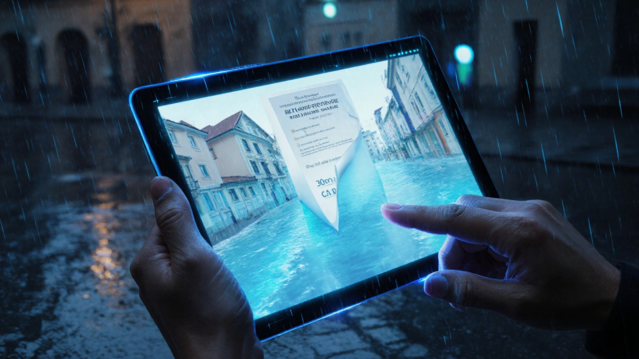 Vlastník obdrží upozornění na tabletu o příští povodni, digitální simulace vody překrývá ulici.