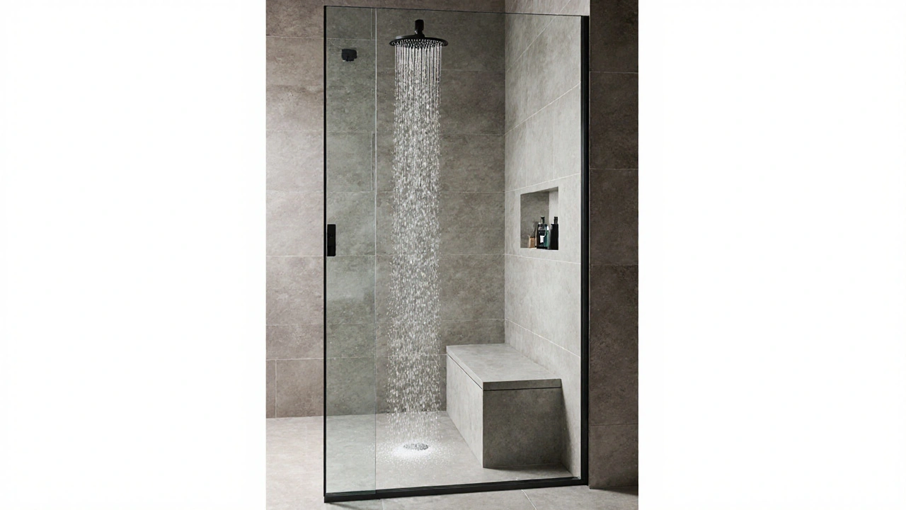 Walk-in sprcha s integrovaným sedačkou a vodotěsnou podlahou v minimalistické koupelně.