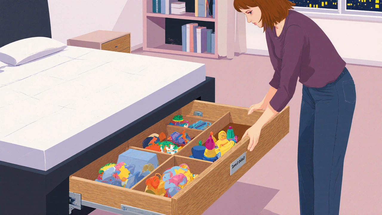 Žena vysouvá dřevěnou zásuvku pod postelí, kde jsou uložené postelní prádlo a dětské hračky.