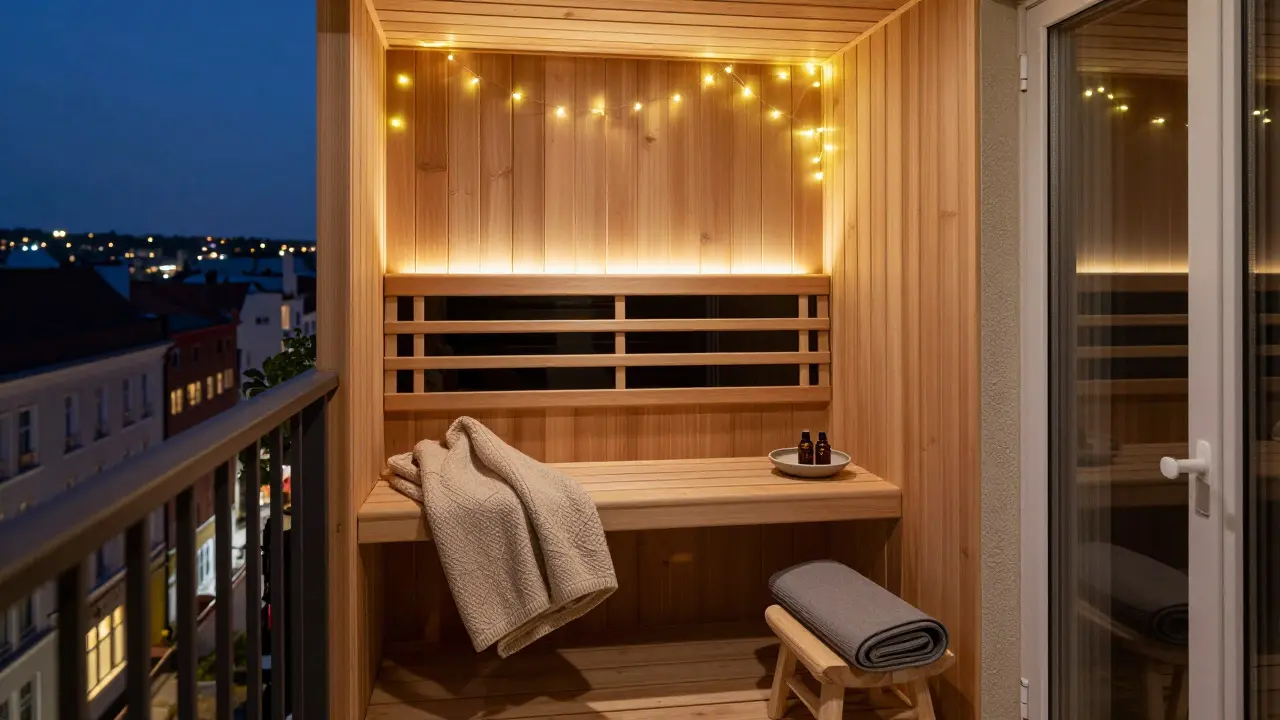 Balkón s infrasaunou, kobercem a přírodními prvky jako osobní oáza klidu v městě.