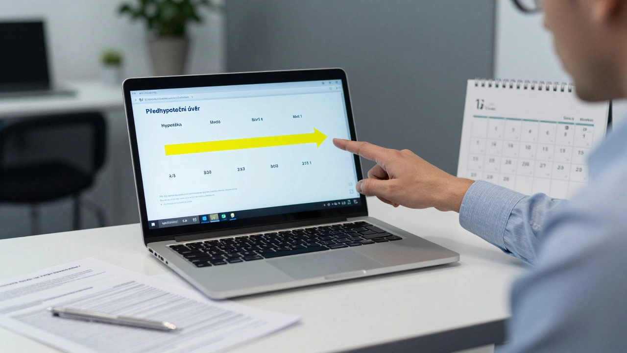 Bankéř ukazuje na časovou osu přechodu z předhypotečního úvěru na hypotéku.