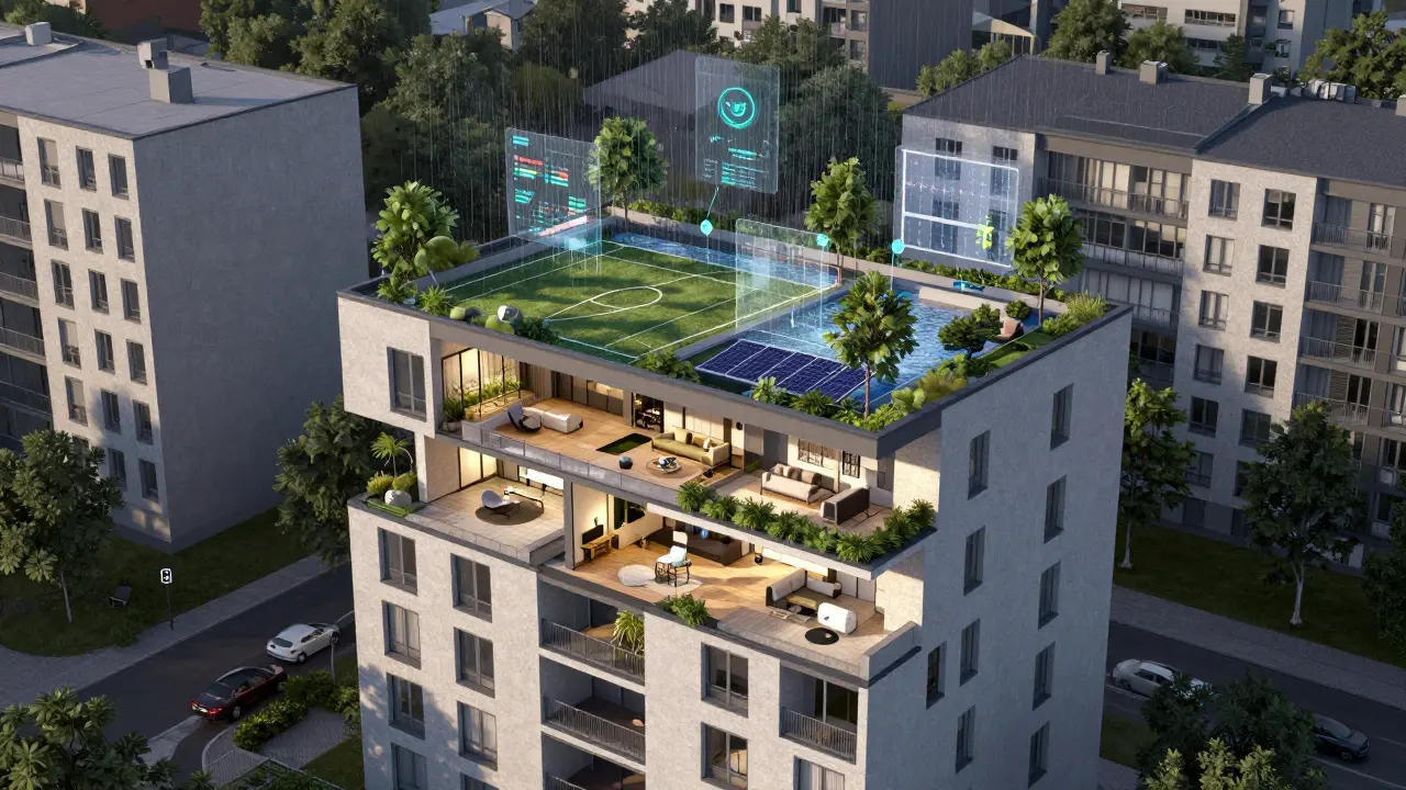 Cross-section of a smart residential building with rooftop garden, climate zones, and hidden sensors.