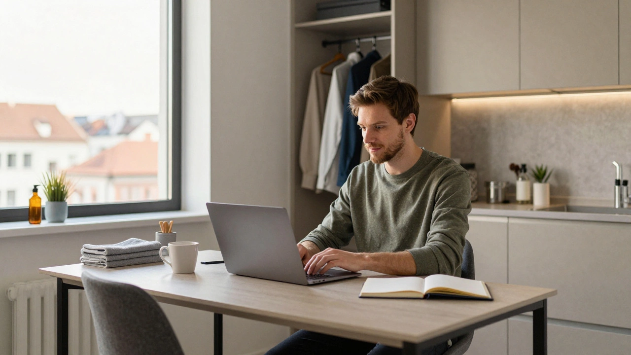 Digital nomad working at a desk in a Brno serviced apartment with natural light.
