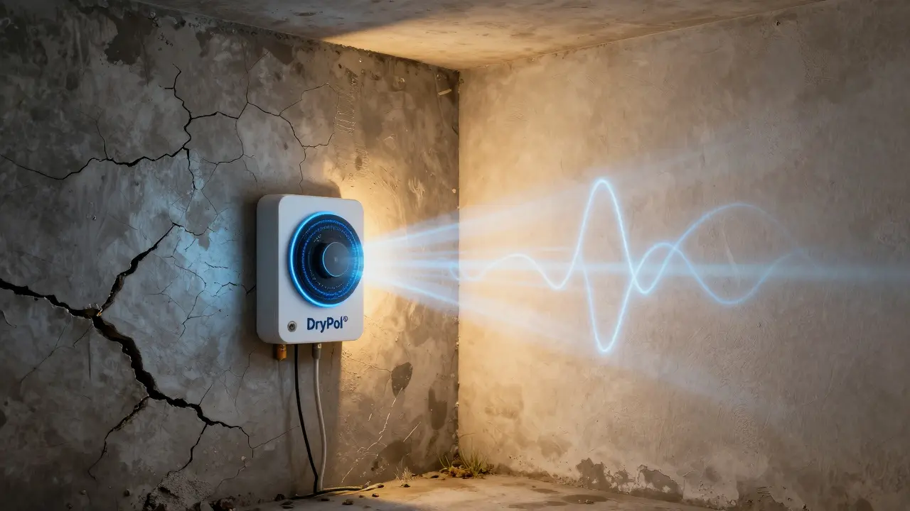 Elektronická izolace DryPol® blokující vodu ve zdivu, v porovnání s mokrým a suchým segmentem zdi.