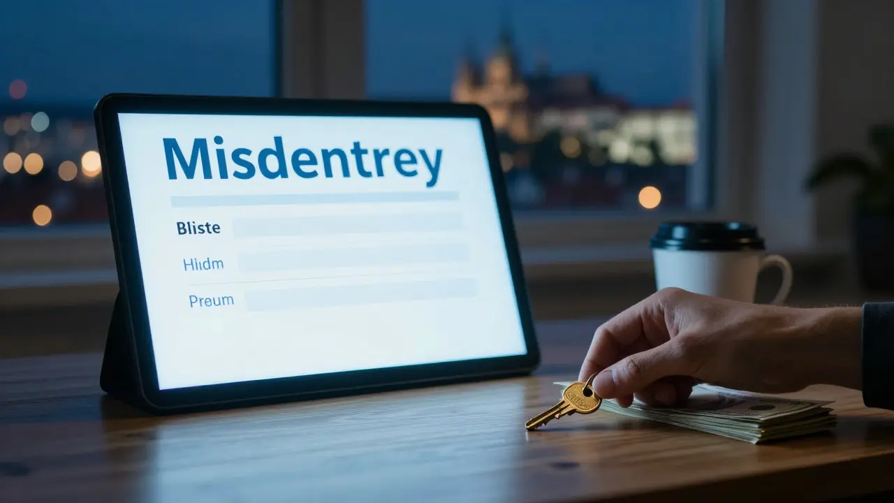 Empty apartment listing on screen with key and cash on table, Prague city lights visible through window.