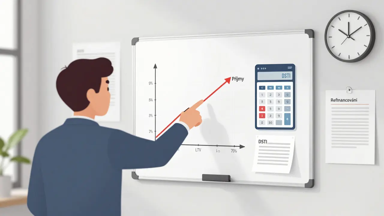 Finanční poradce vysvětluje poměr LTV na tabuli s čísly 90%, 80%, 70%.