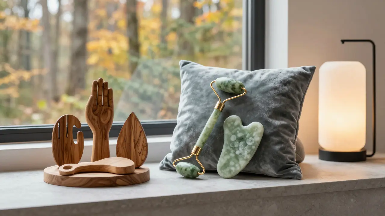 Jade roller a gua sha na sametové podložce vedle dřevěné dekorace v moderním interiéru.