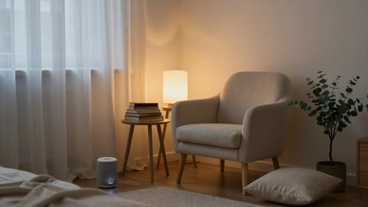 Koutek ložnice s pohodlným křeslem, teplým osvětlením a tichými zvuky pro meditaci.