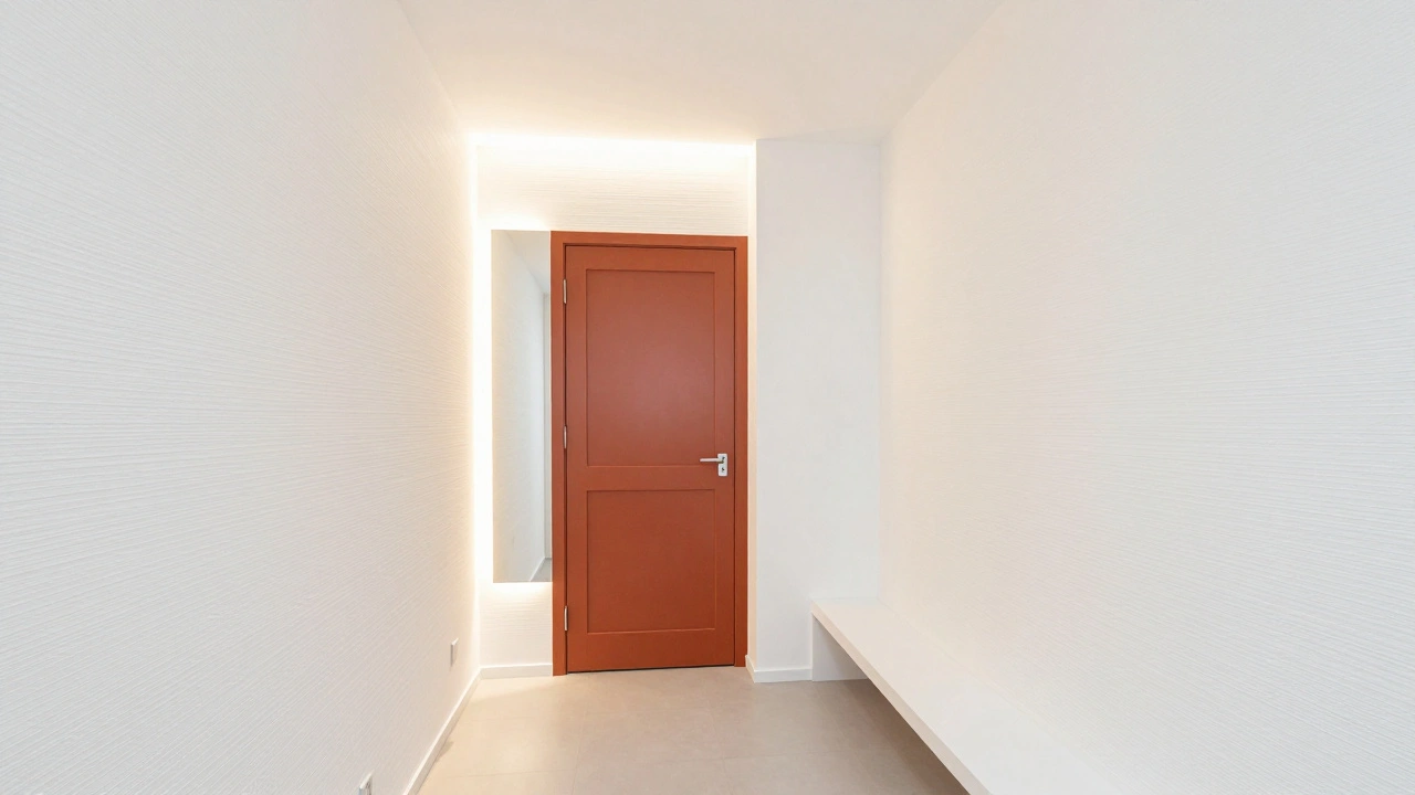 Malá předsíň s bílými stěnami, vodorovným vzorem a oranžovými dveřmi.