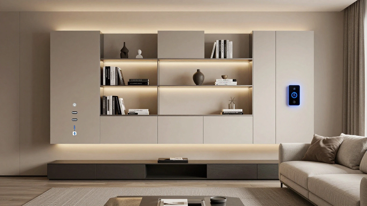 Modulární obývací sestava s integrovanými nabíječkami a chytrým osvětlením v moderním bytě.