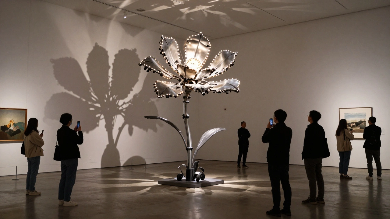 Návštěvníci se dívají na umělecké svítidlo ve tvaru květiny v galerii.
