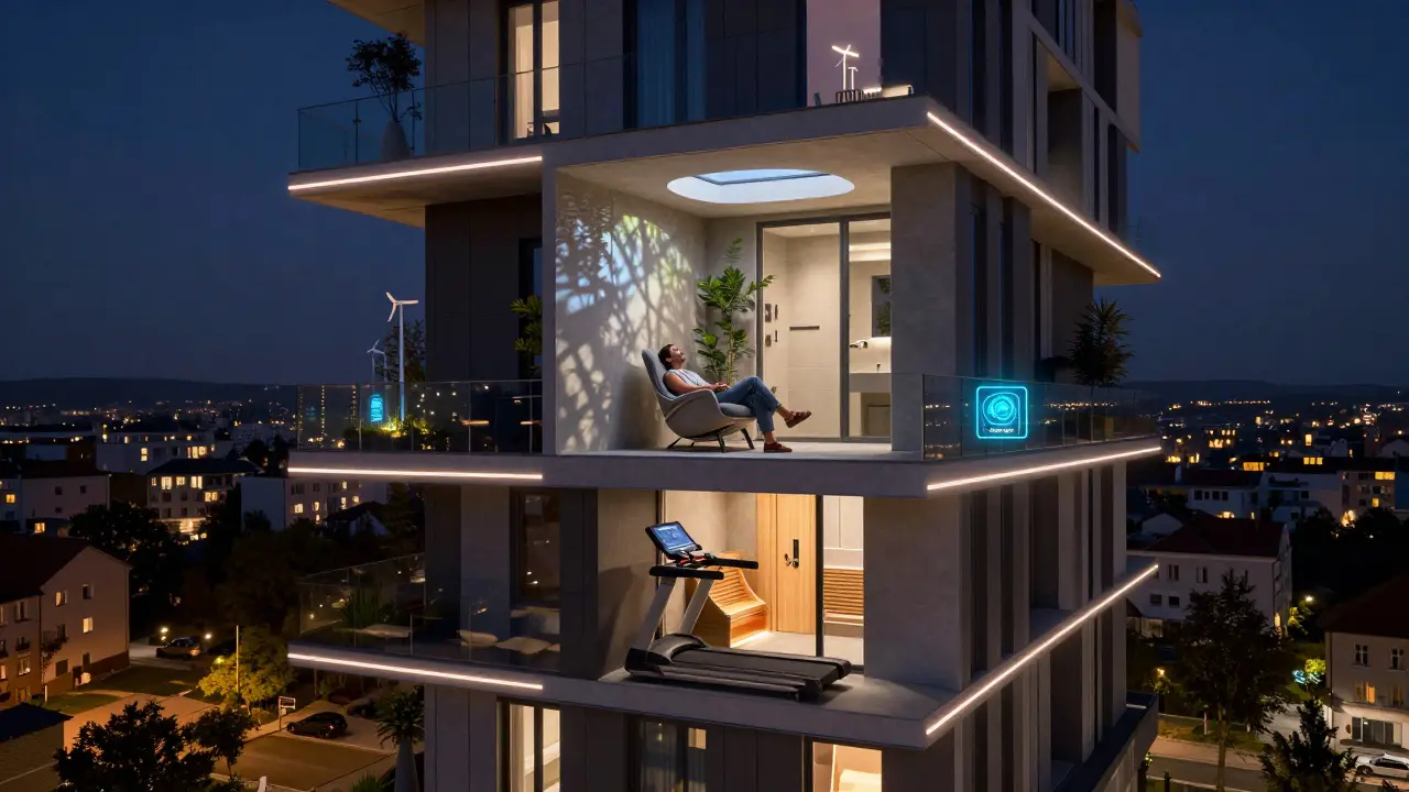 Nighttime view of a futuristic housing tower with ambient lighting and automated wellness features.
