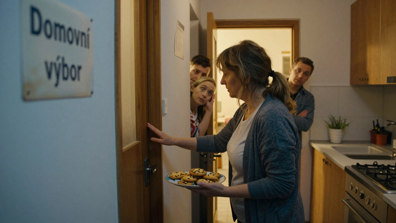 Nová vlastnice přináší koláče sousedovi, aby se seznámila.