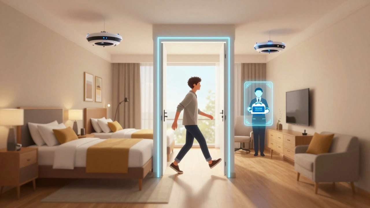 Person stepping from hotel room into spacious serviced apartment with futuristic elements.