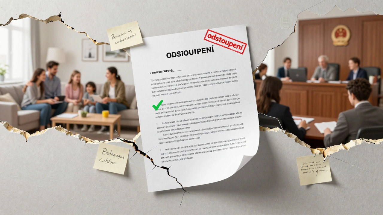Právní dokument s výstrahami o sousedských sporech a možností odstoupení.