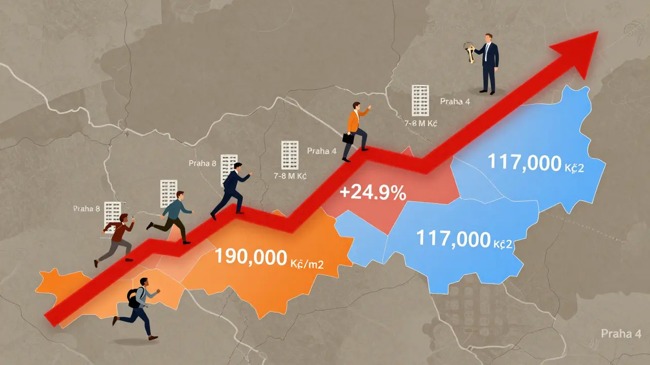 Price chart rising over Prague map with color-coded districts and buyers rushing toward small apartments.