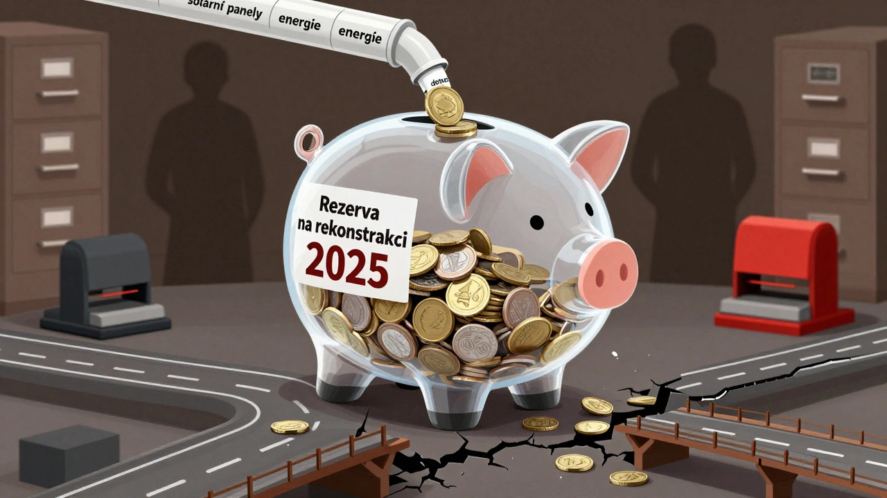 Průhledná pokladnička s penězi na rekonstrukci, z nichž většina uniká do jiných účelů jako solární panely a energie.