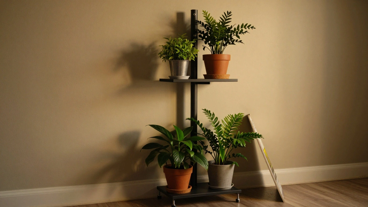 Stojan s rostlinami na správně rozložených policech a korkovou podložkou.