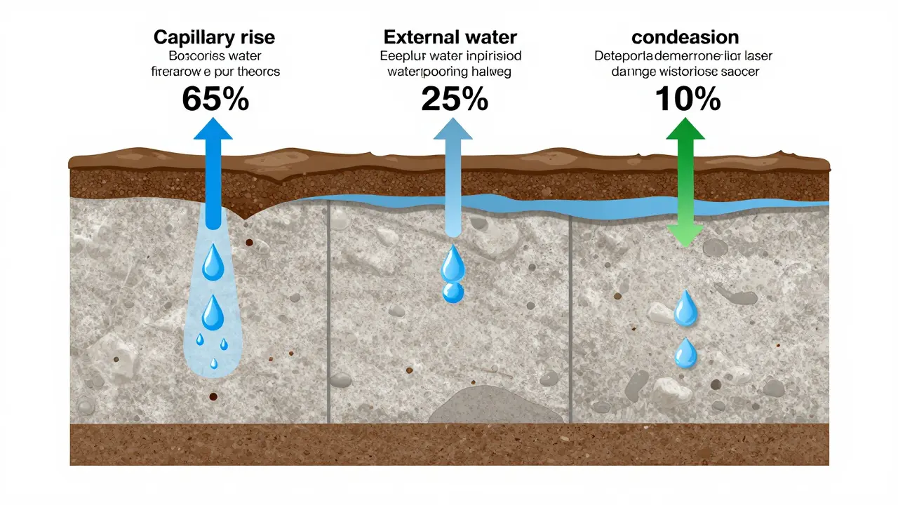 Technický náčrt tří příčin vlhkosti ve sklepě: kapilární vzlínavá vlhkost, špatná hydroizolace a kondenzace.