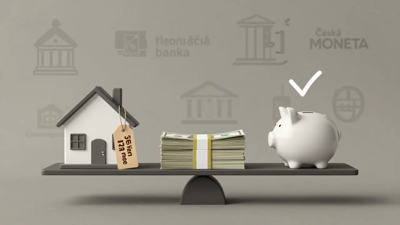 Váha s domem a 3letou fixací na jedné straně, penězi a rezervou na druhé.