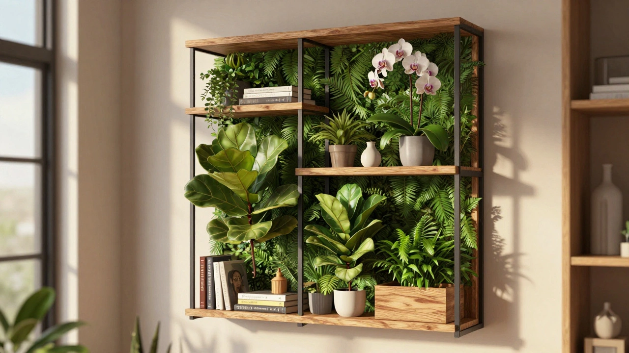 Vertikální zelená police s různými rostlinami v teplém interiéru.