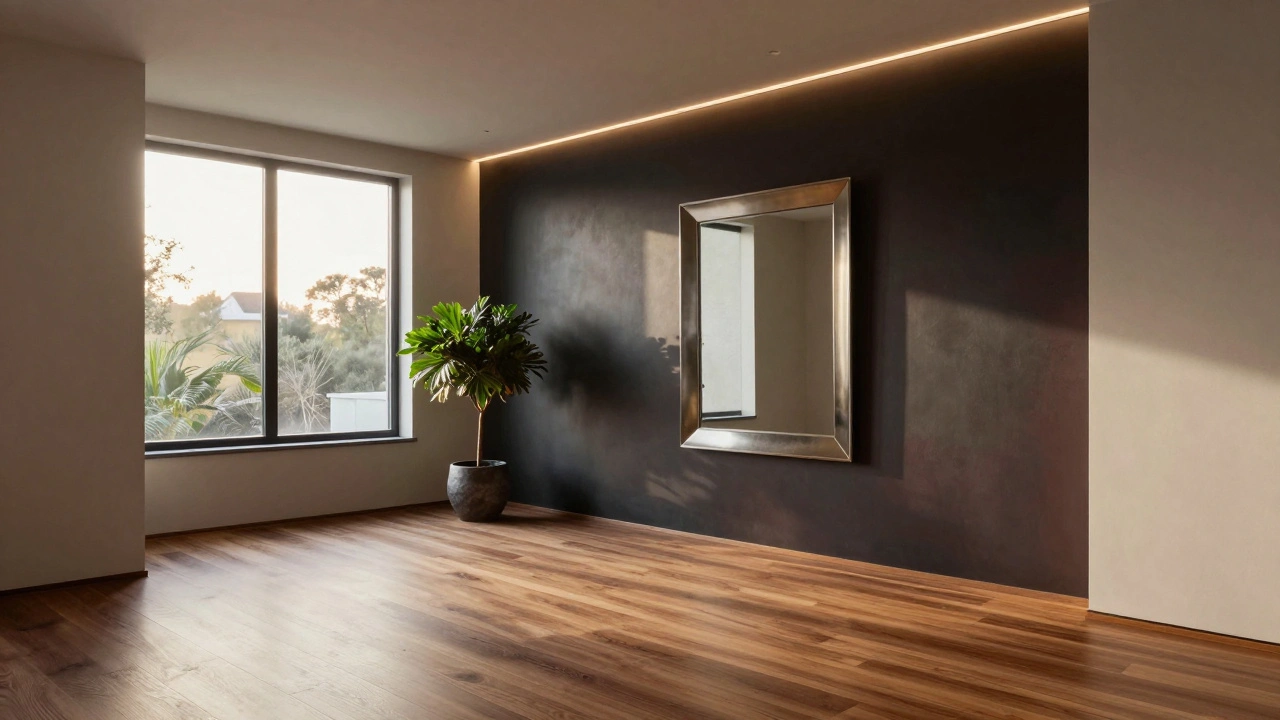 Větší předsíň se světle šedými stěnami, tmavě dřevěnou podlahou a akcentní stěnou.