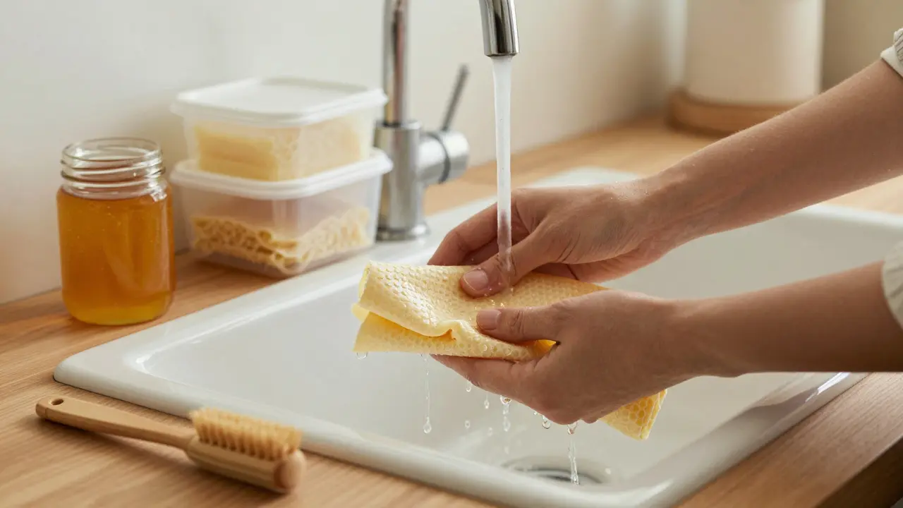 Žena myje včelobal studenou vodou v kuchyni s přírodními prvky.