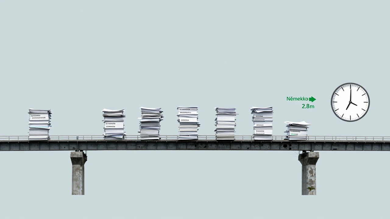 Zničený most s časovou osou ukazující 5,2 měsíce administrativních zpoždění proti rychlému řešení v Německu.