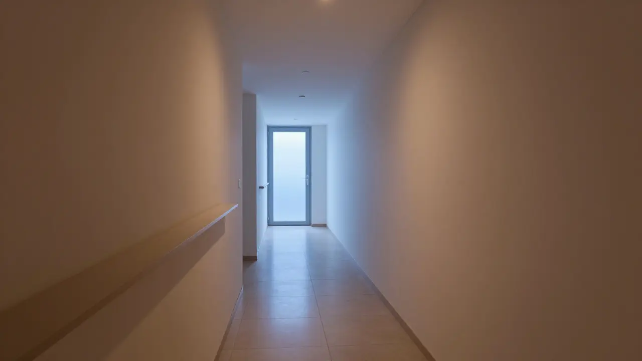 Chodba bez oken osvětlená inteligentním systémem s teplým světlem a světlými stěnami.