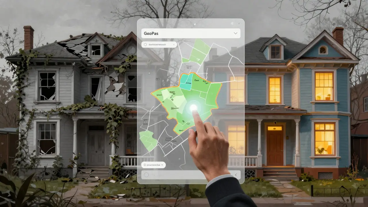 Dvojí zobrazení zanedbaného a obnoveného historického domu s digitální mapou ochranné zóny.