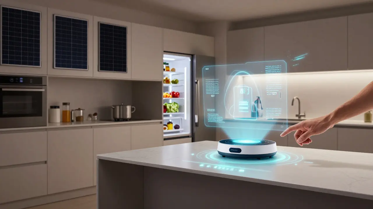 Futuristická kuchyň s solárními panely na skříňkách, holografický AI asistent a kompozitní deska s indikátorem teploty.