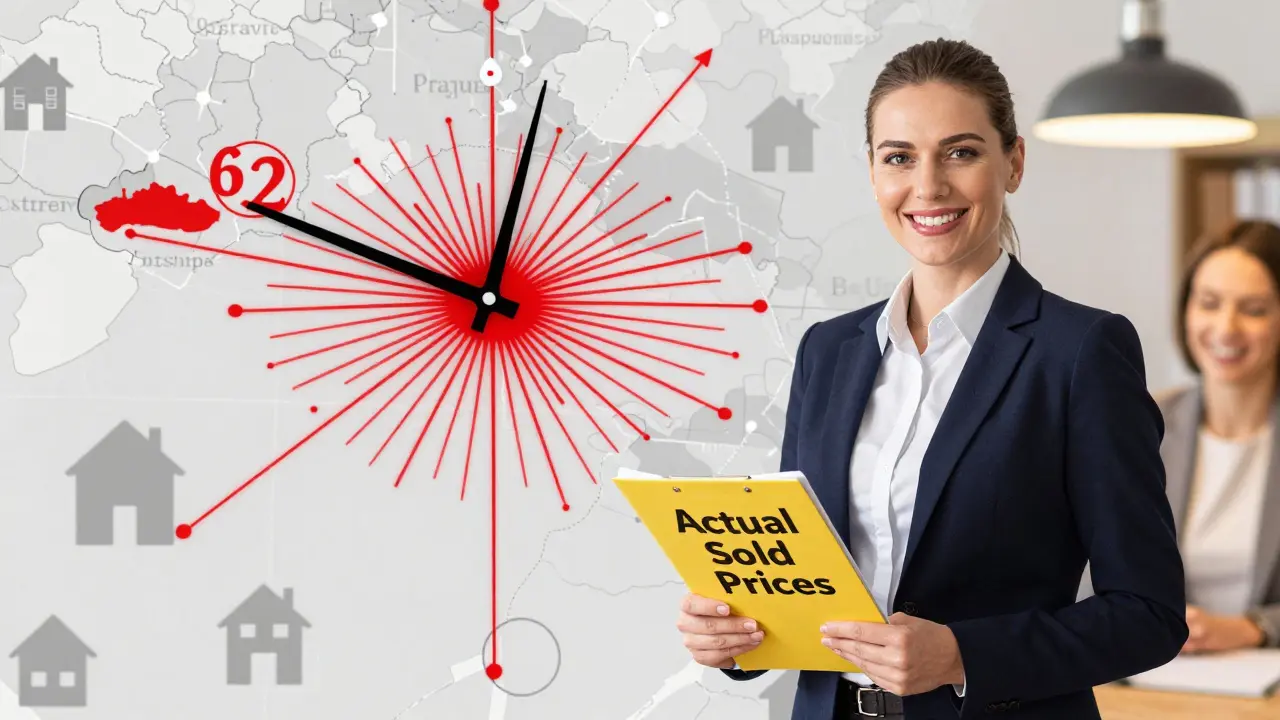 Hodiny nad mapou Česka s nemovitostmi v prodeji, realitní makléř drží dokumenty se skutečnými prodejními cenami.