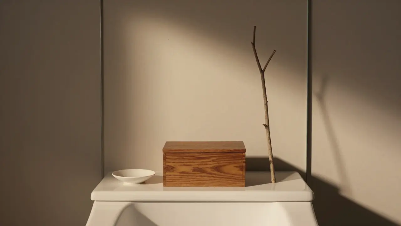 Inverzní zátiší s nejnižším předmětem vzadu, nejvyšším vpředu a tenkým zrcadlem na pozadí.