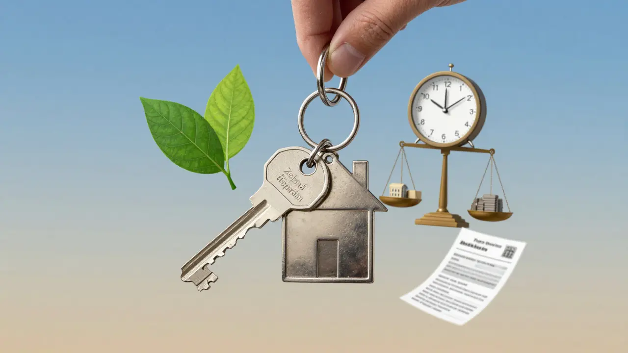 Klíč přeměněný na symbol rekonstrukce bytu s prvky dotace, času a finanční rovnováhy.