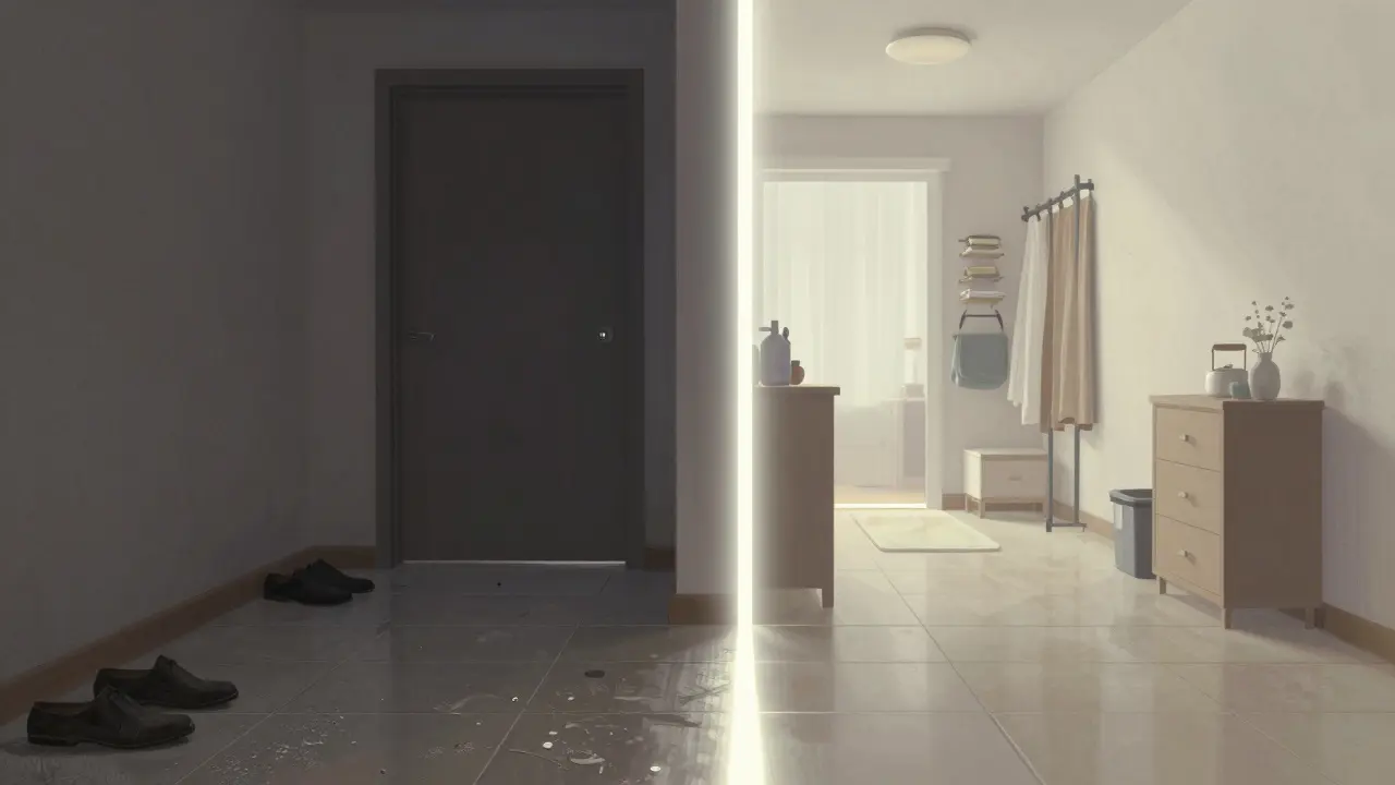 Konceptuální obraz rozdělené vstupní haly: špína a tma na jedné straně, světlo a řád na druhé.