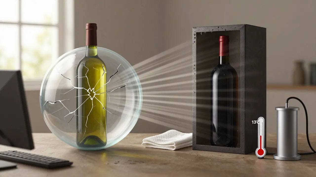Konzepční obrázek: víno poškozené teplem a světlem vs. chráněné ve tmě.